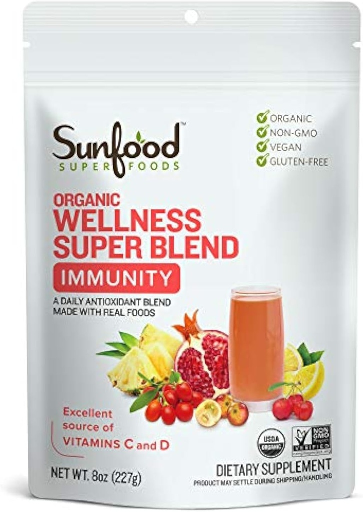 Sunfood Superfoods Organic Super Wellness Blend - Immuni Support Poudre, Antioxydant Superfood Smoothie Mix pour les femmes et les hommes avec Vitamine C & D, Énergie Naturelle, USDA Organic - 8 oz Sac