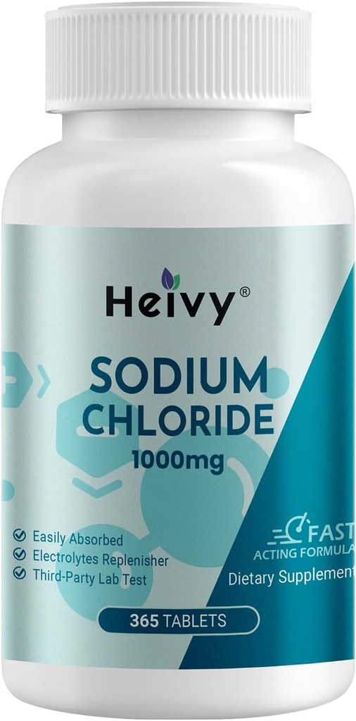 Comprimés de chlorure de sodium Heivy 1000mg - Comprimés de sel pur, 365 comprimés, chlorure de sodium, non-OGM - Électrolyte Balance and Hydratation Support, Électrolytes Repleniser boisson d'hydratation