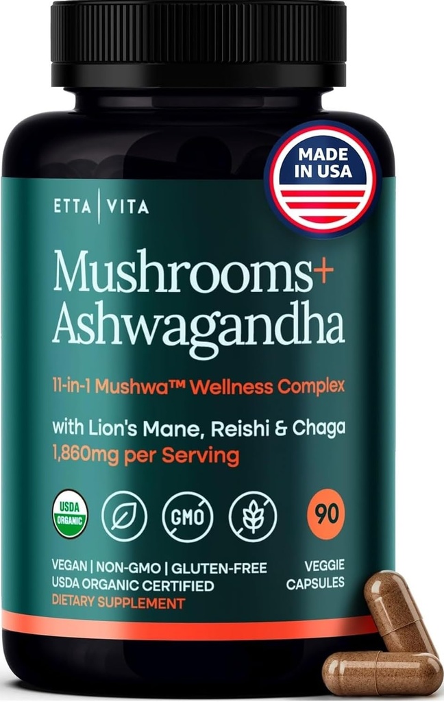 USDA Organic Lions Mane Supplément Capsules avec Ashwagandha, Chaga, Reishi, Cordyceps, Turquie Tail (18 600mg/serv) 10x Complexe de champignons adaptogènes comme supplément de focus - Énergie, immunité et nootrope
