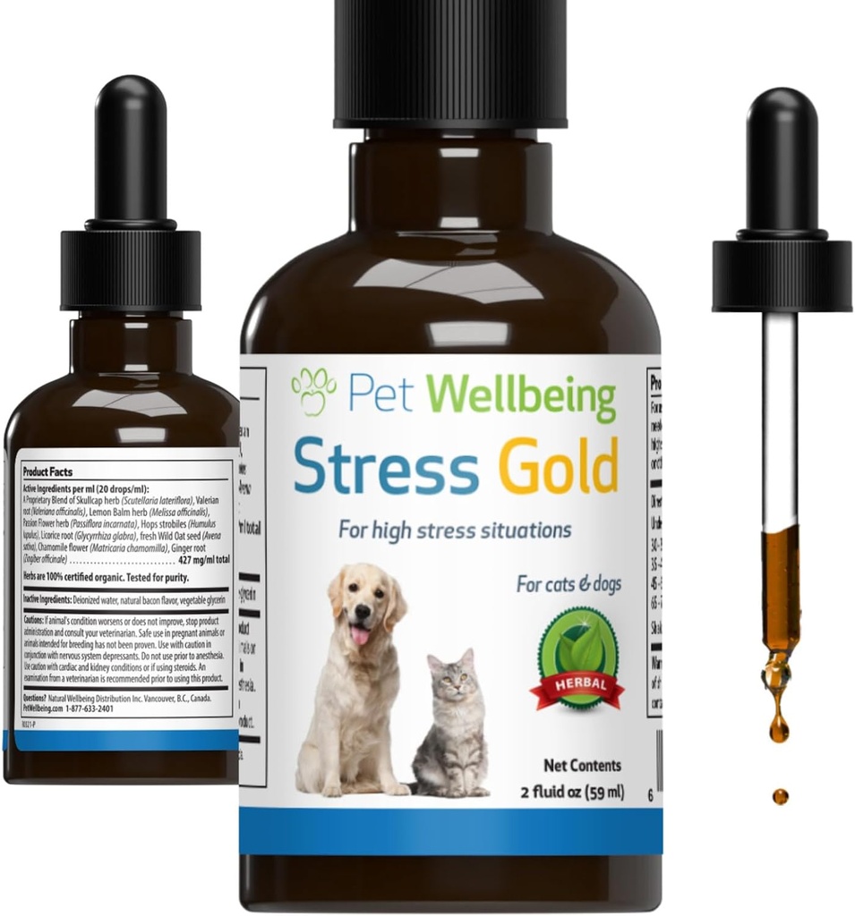 Pet Wellbeing Stress Gold for Cats - Vet-Formulated Situational Feline Stress Support - Fast-Acting Vet Visits, Travel, Grooming - Cat-Safe Holistic Herbal Blend - Liquid Support 2 oz (59ml)