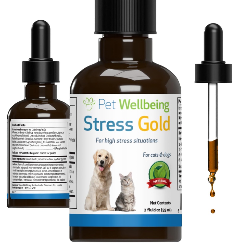 Stress de bien-être pour les animaux de compagnie Gold pour les chats - Support de stress félin pour la situation des animaux de compagnie - Visite rapide des animaux de compagnie, voyage, grooming - Mélange à base de plantes holistique Cat-Safe - Support liquide 2 oz (59ml)