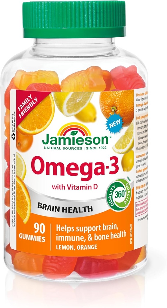 Jamieson Omega-3 Gummies, famille amicale, saveurs de fruits assorties, 90 comte