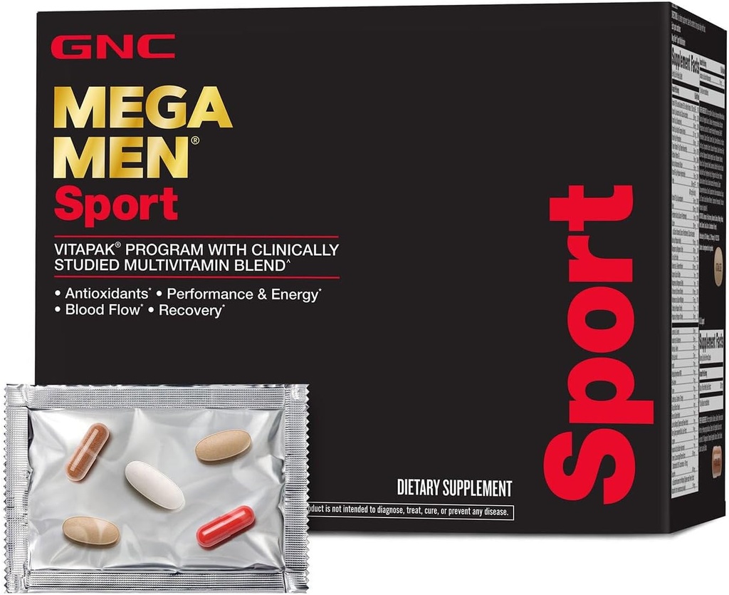 Mega Men Sport Programme Vitapak, une nutrition complète pratique, 4 produits en 1 paquet, performance athlétique, énergie, récupération, flux sanguin, Arginine, 200mg caféine, thermogénique, 30 jours d'approvisionnement