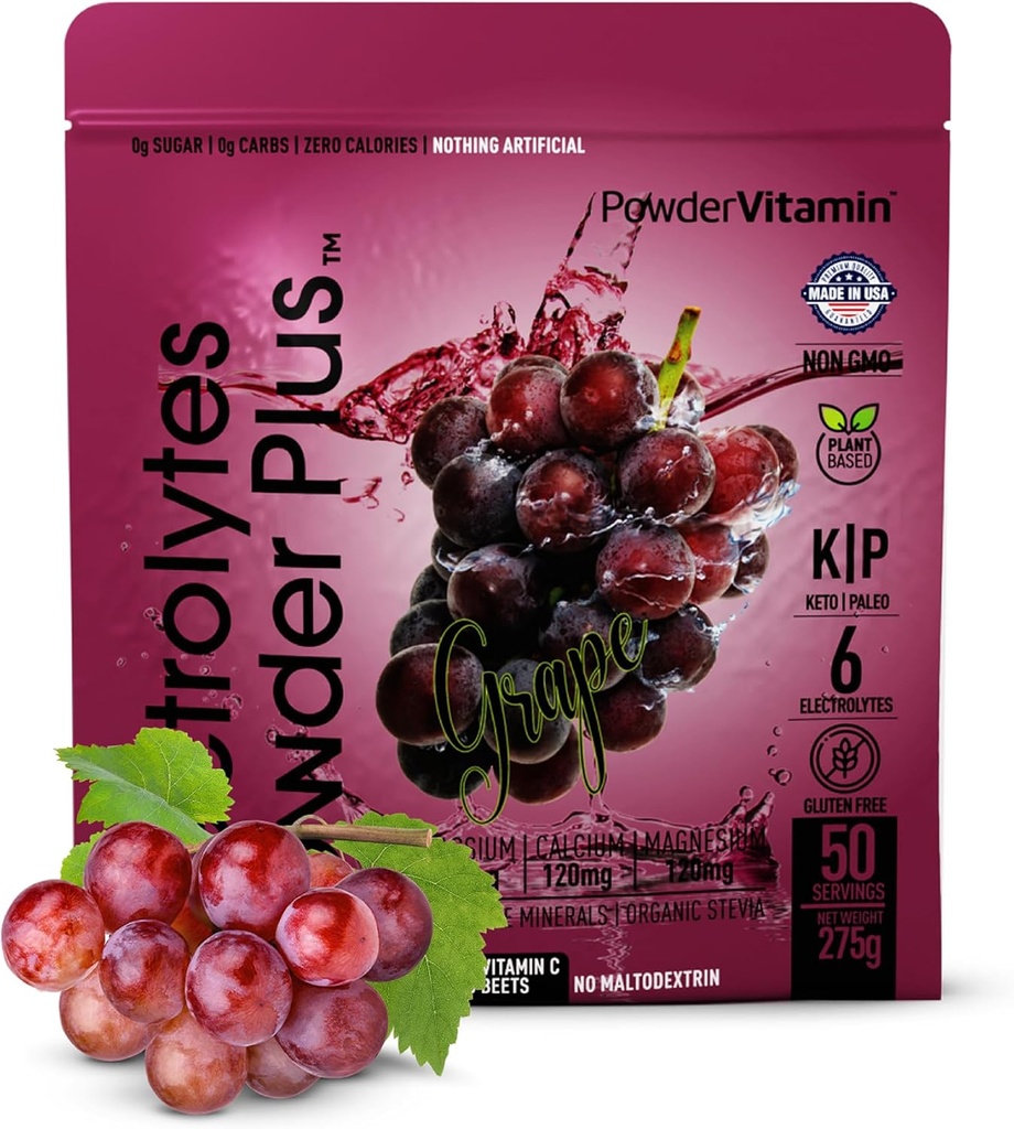 PoudreVitamine Electrolytes Poudre Plus (50 portions) Électrolyte de raisin Poudre Zéro Calorie Keto, 0 Sucre, Pas de Maltodextrine,1000mg Potassium,120mg Calcium,120mg Magnésium, Poudre d'hydratation