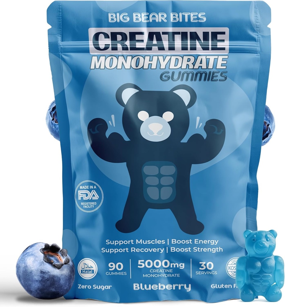 Gommies monohydratées de créatine pour les hommes et les femmes de 5000mg de Gommies de créatine par portion de sucre, sans gluten et halal de l'emballage de 90 pour préentraînement et récupération musculaire de bleuets