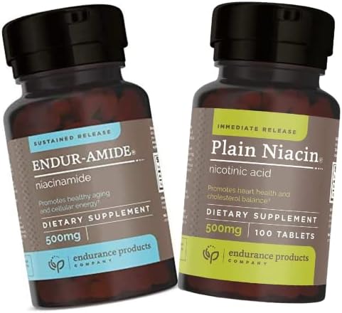 Endurance Produits EPC Company NAD+ Niacinamide B3, Endur-Amide 500mg 200 Comprimés B3 Niacin Plain - 500mg Libération immédiate Vitamine B-3 avec Flush - Acide nicotinique 100 Comprimés
