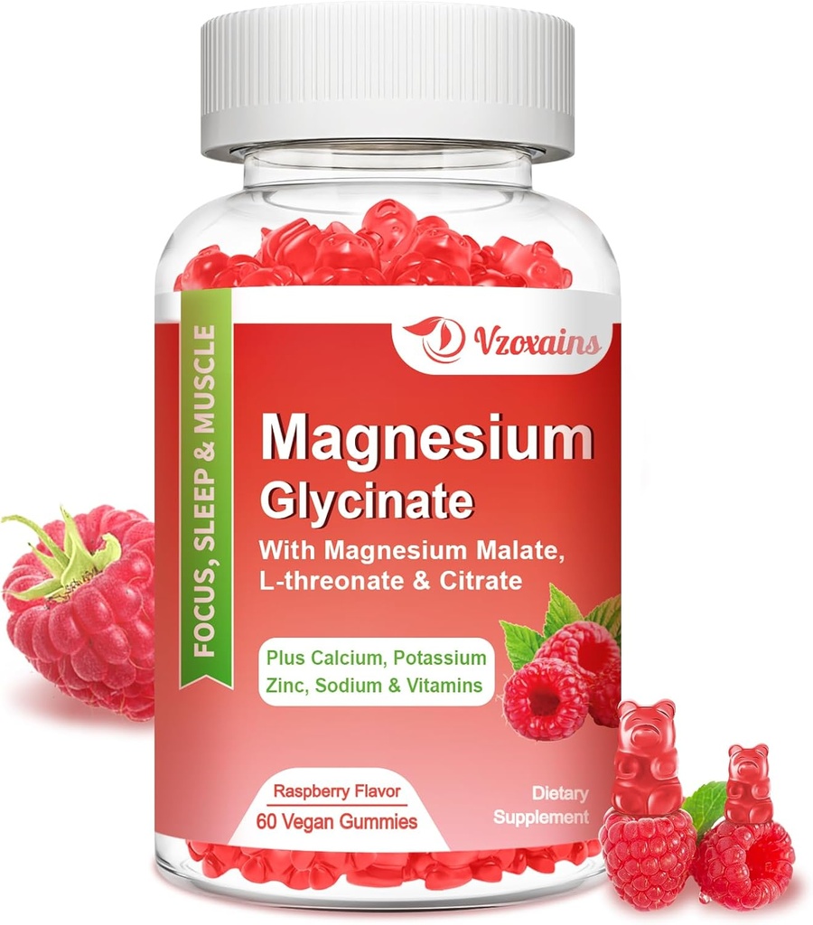 Glycinat de magnésium 600 mg, Gummées de magnésium pour adultes et enfants, Soutien pour la relaxation et le muscle, 60 Gummées aromatisées aux framboises