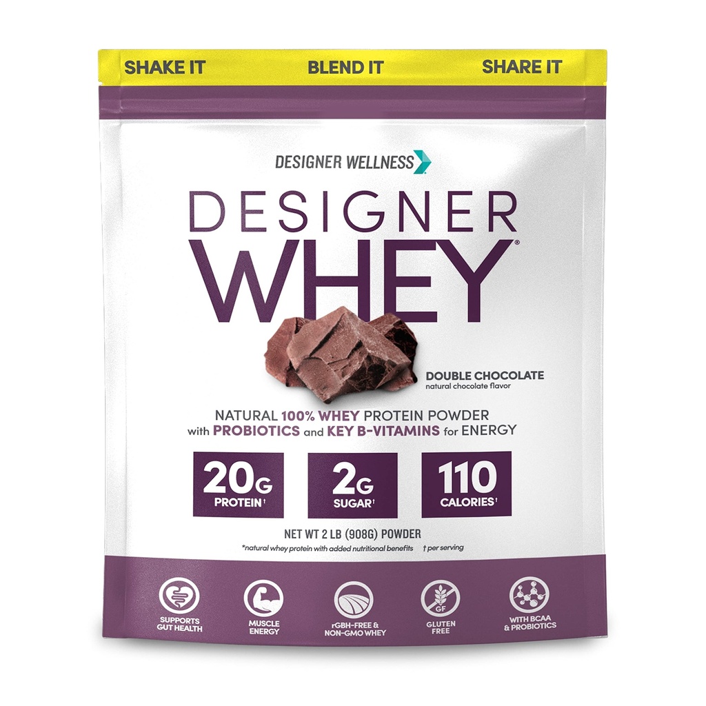 Designer Wellness, Designer Whey, poudre naturelle de protéines de Whey avec probiotiques, fibre et clés B-Vitamines pour l'énergie, sans gluten et casher, double chocolat, 2 lb
