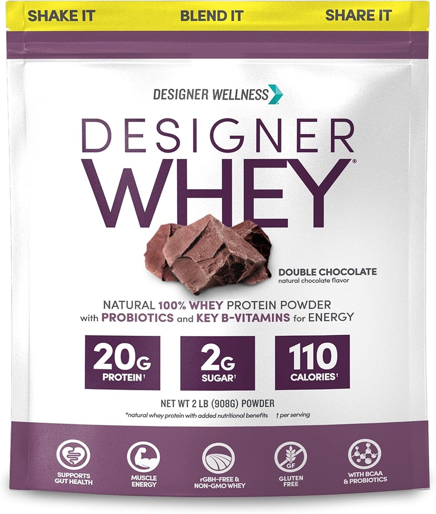 Designer Wellness, Designer Whey, poudre naturelle de protéines de Whey avec probiotiques, fibre et clés B-Vitamines pour l'énergie, sans gluten et casher, double chocolat, 2 lb
