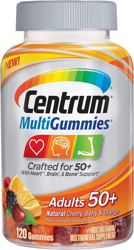 Centrum MultiGommies Adultes (120 Nombre, Cerise naturelle, Berry, Arôme d'orange) Multivitamine/Supplément multiminérale Gommies, Vitamines B12, D, E, Âge 50+