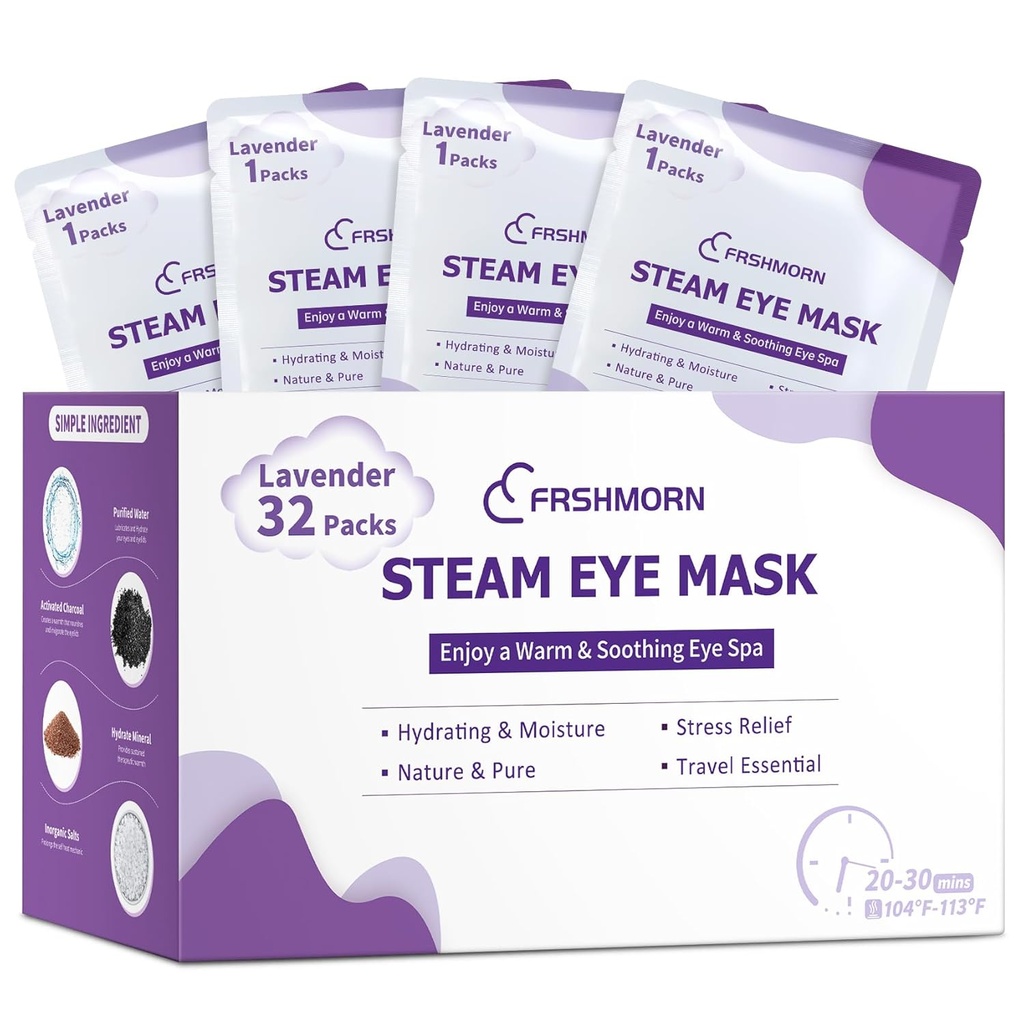 32 Packs Masque d'oeil à vapeur, Masque d'oeil chauffé pour dormir, Compresseur chaud pour les yeux, Self Heating Masque de vapeur Masque de sommeil confortable pour la maison, bureau, spa, essentiels de voyage (Lavande)