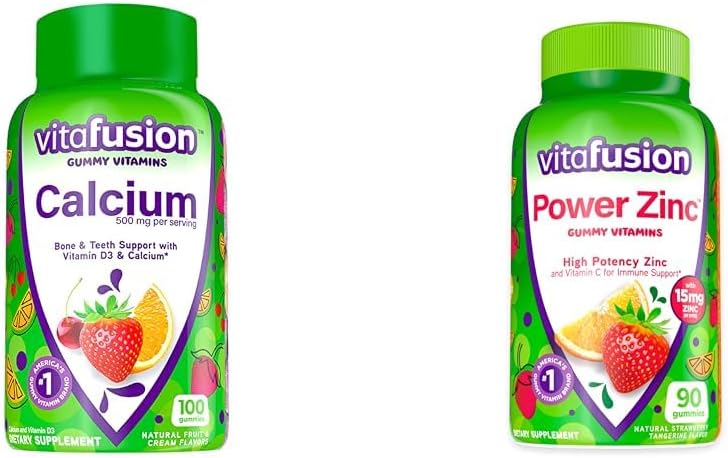 Vitafusion Calcium Gummy Vitamines pour le soutien des os, 100 Count & Power Zinc Gummy Vitamines pour le soutien immunitaire, 90 Count