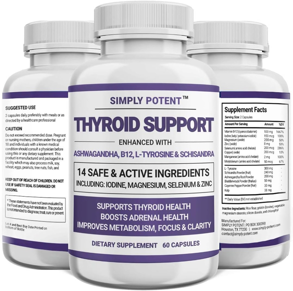 Simply Potent Thyroid Support & Adrenal Support Supplement 2-in-1 Natural Formula with Iodine & Ashwagandha for Energy, Metabolism, Focus for Women & Men, 60 Caps