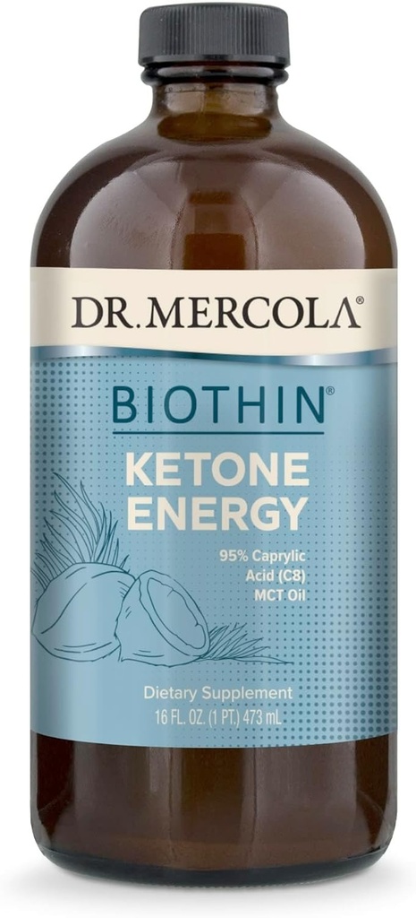 Dr. Mercola Biothin Cétone Énergie Huile MCT - soutient la production d'énergie et de cétone - C8 et C10 Triglycérides à chaîne moyenne - Non-OGM, sans gluten et sans soja - 31 portions (16 Fl Oz)