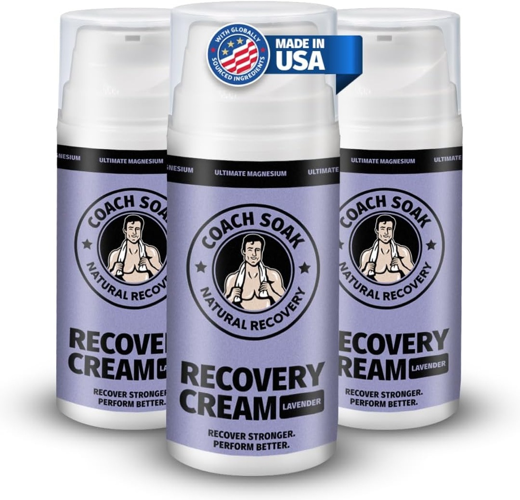 Coach Soak Lotion de magnésium thématique avec MSM - Crème de récupération naturelle avec chlorure de magnésium, vitamine C et menthol, absorption rapide et relaxation pour les muscles douloureux, lavande (3 pack, total 10 oz)