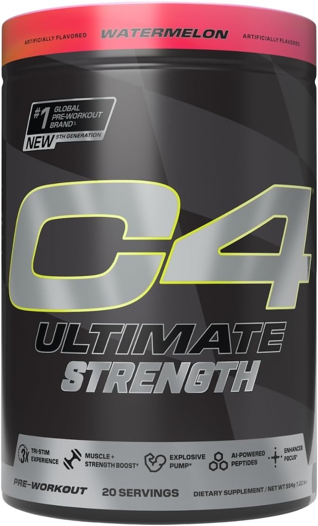 Cellucor C4 Ultimate Strength Pre Workout Powder - Tri-Stim Experience 300mg Caféine+TeaCrine+Dynamine - Créatine & Beta-Alanine - Supplément énergétique pour les hommes et les femmes - Pastèque, 20 portions