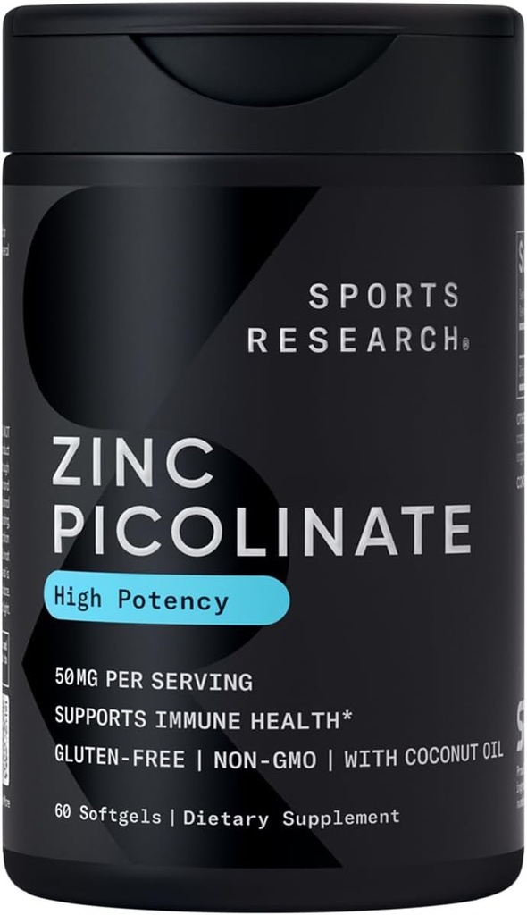 Recherche sportive Picolinate de zinc 50mg avec de l'huile de coco biologique. Supplément de zinc hautement absorbant pour une fonction immunitaire saine - Non-OGM Vérifié, sans gluten et sans soja (60 softgels liquides)