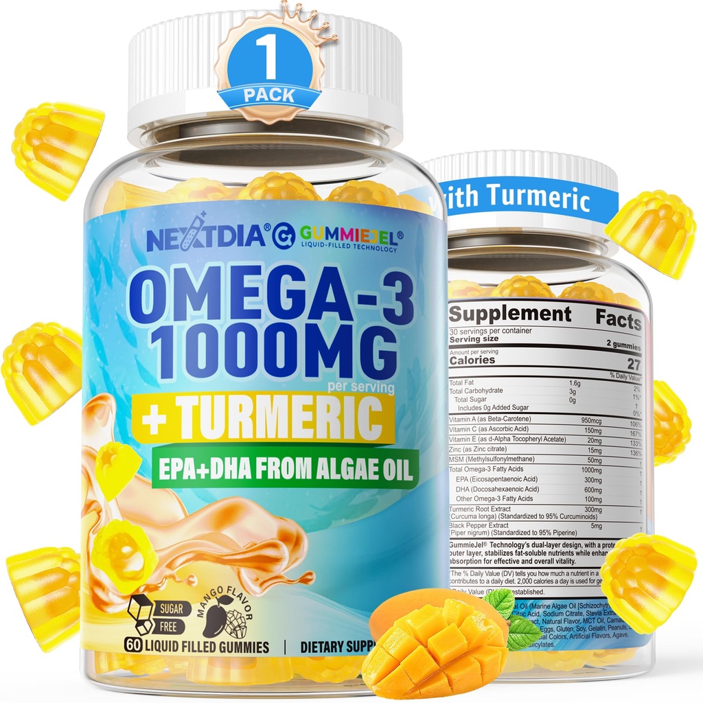 Vegan Omega-3 Gummies 1000mg + curcuma - Omega 3 Huile de poisson alternative pour les adultes - Algae DHA 600mg & EPA 300mg, Vitamines A, C, E, Zinc & MSM, sans sucre, 60 Cts