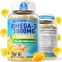 Vegan Omega-3 Gummies 1000mg + curcuma - Omega 3 Huile de poisson alternative pour les adultes - Algae DHA 600mg & EPA 300mg, Vitamines A, C, E, Zinc & MSM, sans sucre, 60 Cts