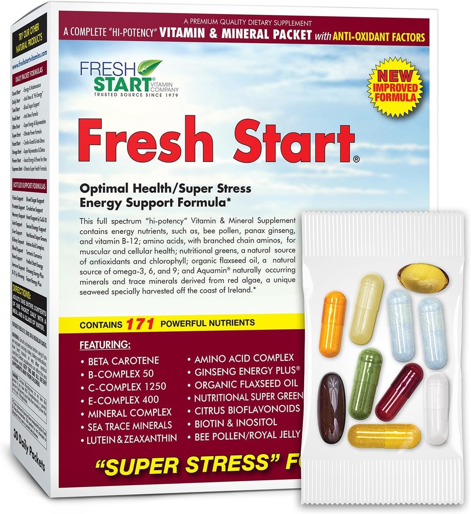 Fresh Start Complete Daily Vitamine Pack (en anglais seulement) Rehausseur d'énergie et soutien au stress (en anglais seulement) Vitamine A, B, C, D, E, B12, Minéraux, acides aminés, Omega-3-6-9, Panax Ginseng, Super Greens (30 paquets)