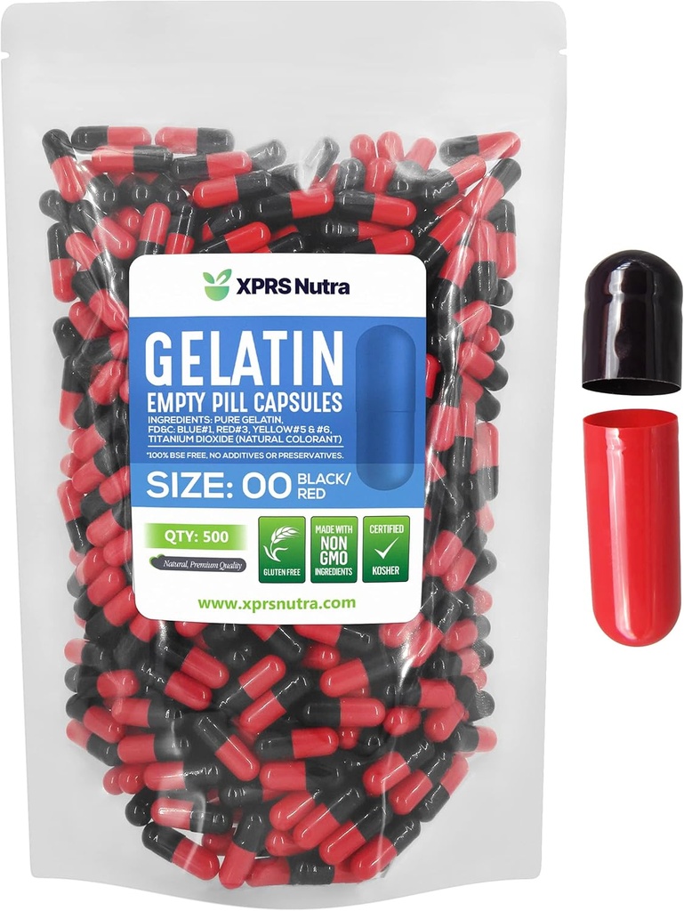 XPRS Nutra Taille 00 Capsules vides - 500 Compte Capsules de gélatine vides - Pills Bricolage Capsule Remplissage - Capsules de gel de pilule rechargeable pour les suppléments Do-It-Youlf (Noir/Rouge)