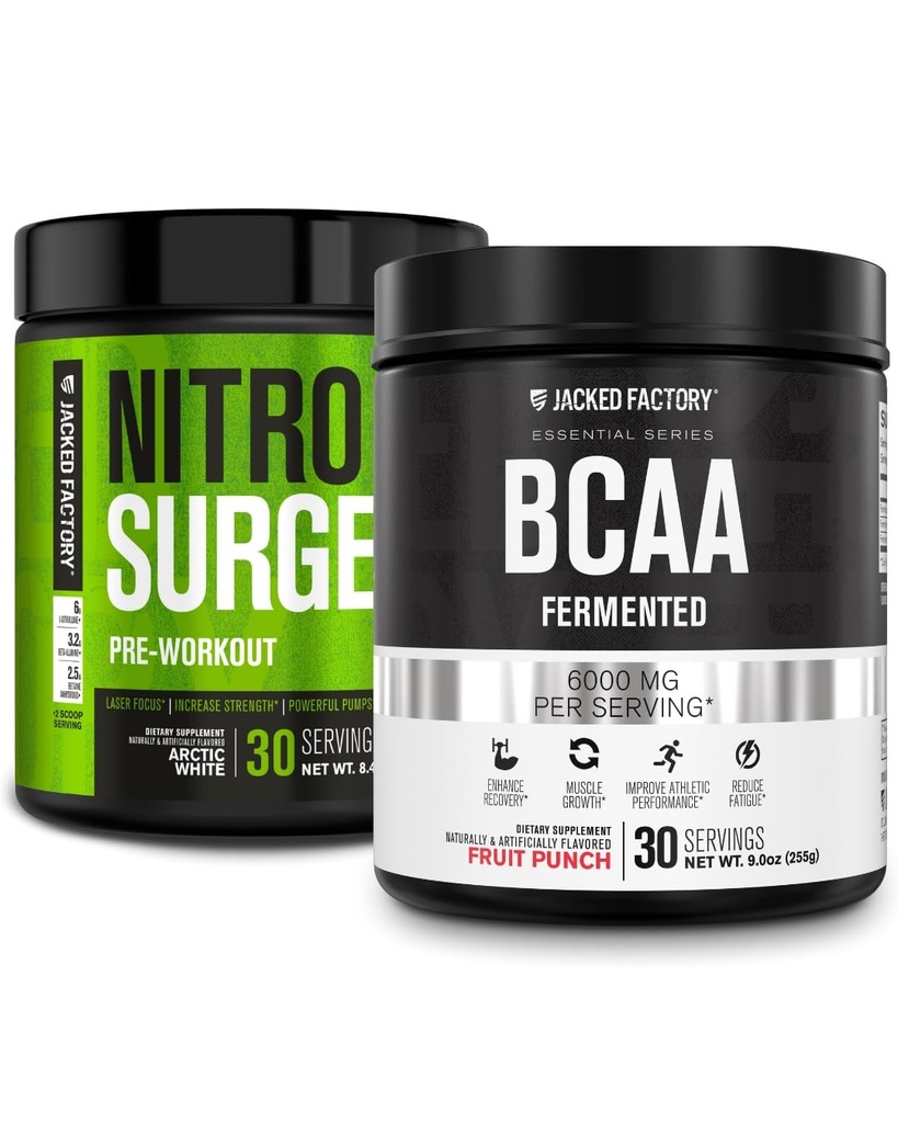 Nitrosurge de l'usine Jacked Pré-entraînement dans l'Arctique blanc et BCAA dans Fruit Punch pour la construction et le rétablissement musculaires