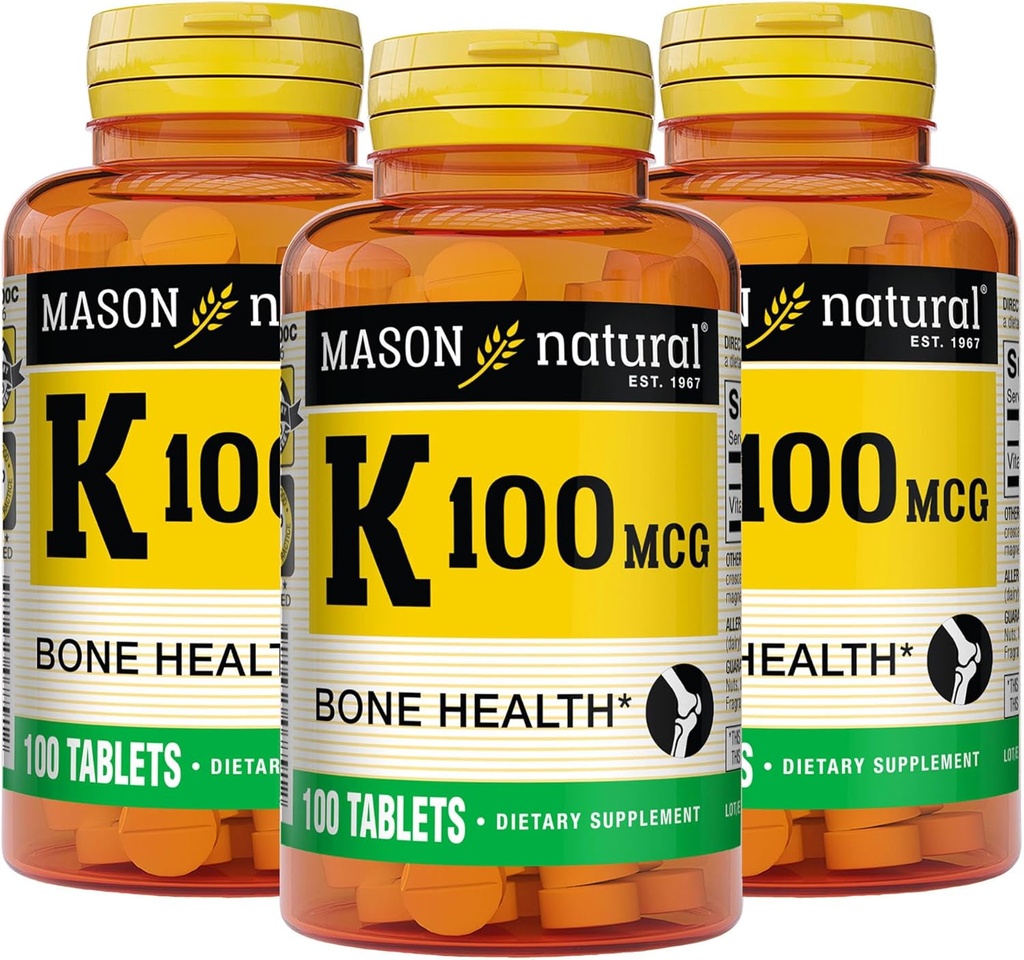 MASON NATURAL Vitamine K 100 mcg, soutient la santé osseuse et articulaire, aide l'absorption de calcium, 100 comprimés, boîte de 3