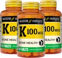 MASON NATURAL Vitamine K 100 mcg, soutient la santé osseuse et articulaire, aide l'absorption de calcium, 100 comprimés, boîte de 3