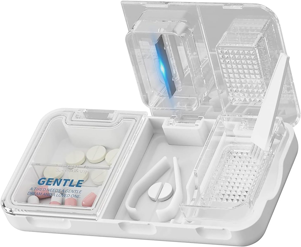 CFMOUR 3-in-1 Pill Cutter Splitter for Small and Tiny Pills, Crusher, Grinder for Large, Daily Usage, Safely Cut Pills, Vitamins, Tablets, Accurate and Easy Cutting, Travel Sized, White