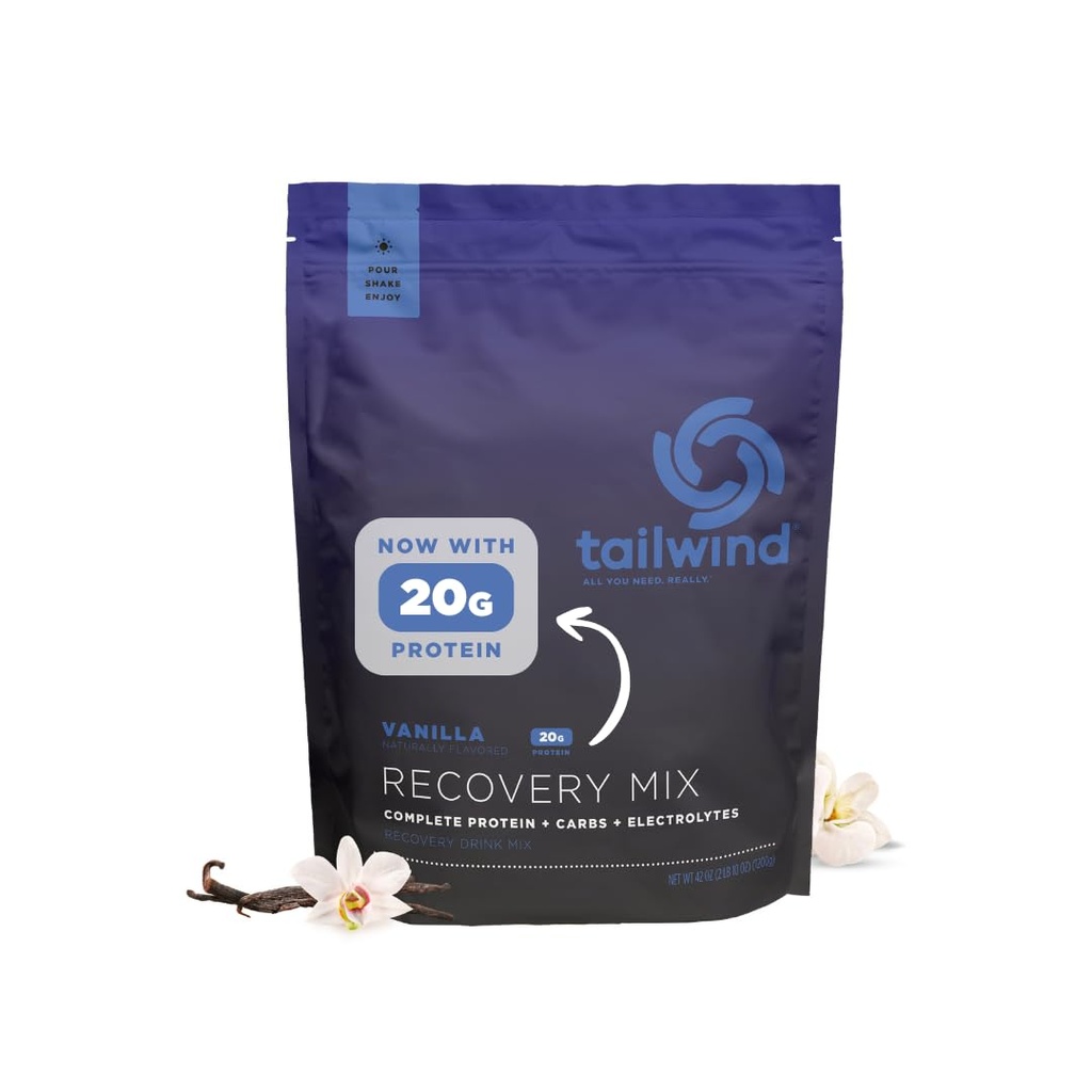Tailwind Nutrition Recovery Mix, 20 Grams Protéines complètes, glucides et électrolytes Mélange de boisson en poudre pour post-entraînement, sans gluten, soja et laiterie, végétalien, 20 portions, vanille