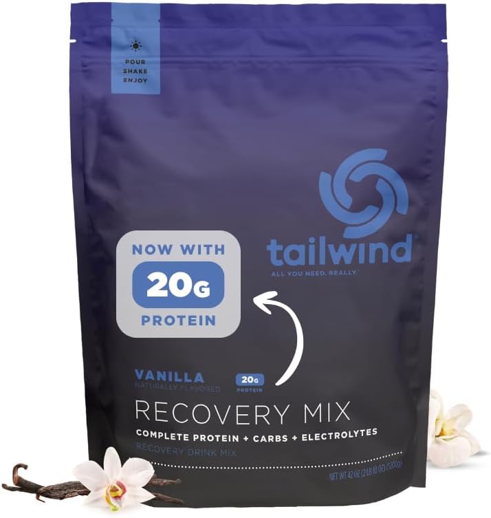 Tailwind Nutrition Recovery Mix, 20 Grams Protéines complètes, glucides et électrolytes Mélange de boisson en poudre pour post-entraînement, sans gluten, soja et laiterie, végétalien, 20 portions, vanille