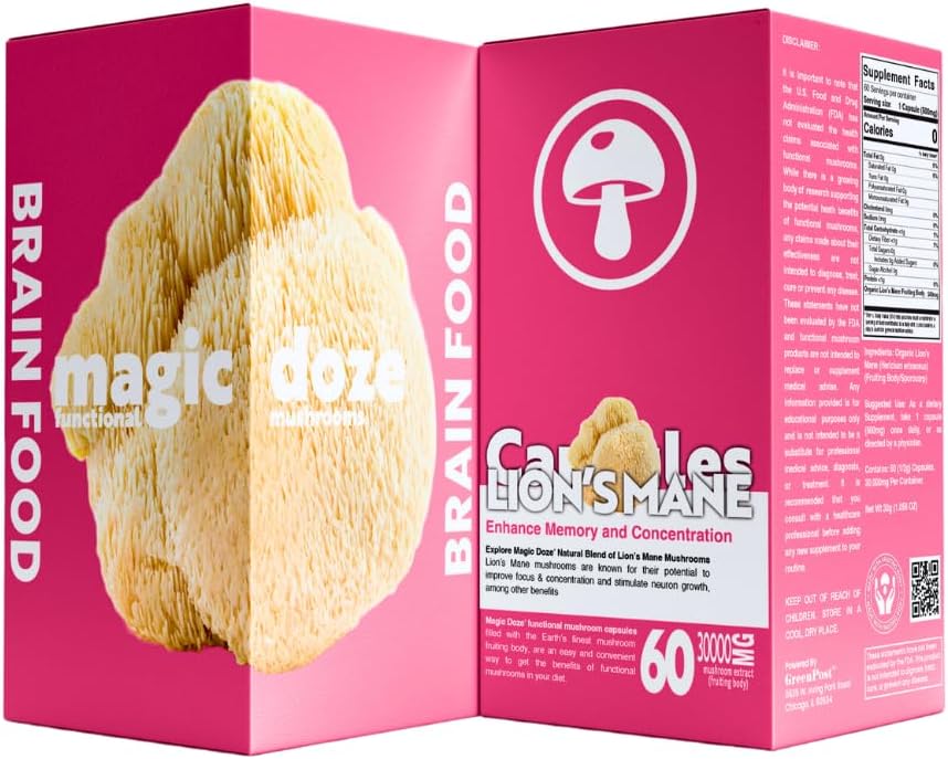 Magic DozeTM Lion. Capsules de champignons de la Mane – 100% Corps Fruit pour la Focus, la Mémoire et la Santé du cerveau – 500mg par Capsule, 60 Capsules Vegan