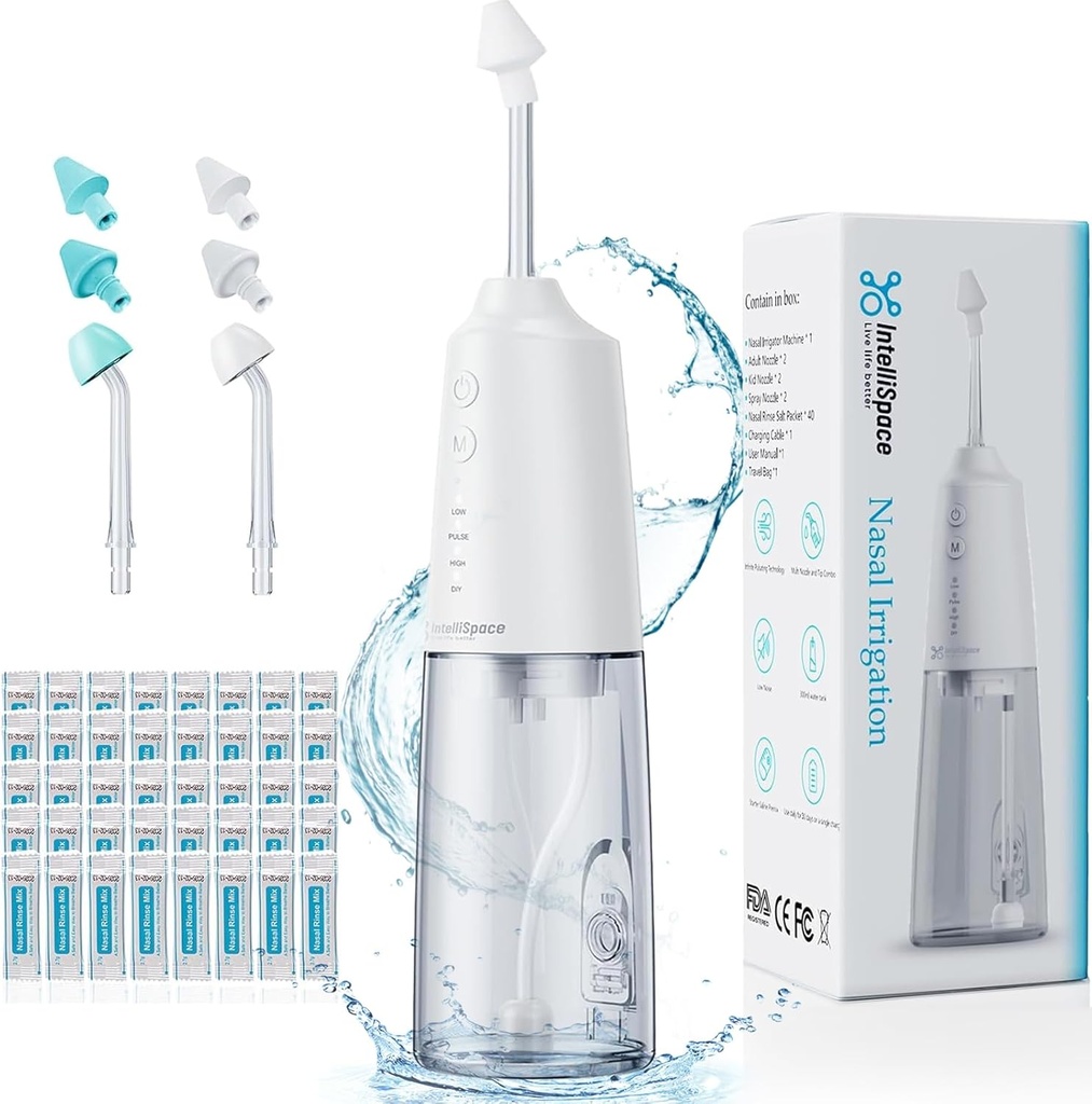 Système d'irrigation nasale Machine à rincer nasal sans fil portable pour le soulagement de l'allergie au sinus Soins nasaux - Pot électrique Neti pour l'irrigation nasale - Kit de rinçage sinus avec 6 buses 40 sachets de sel