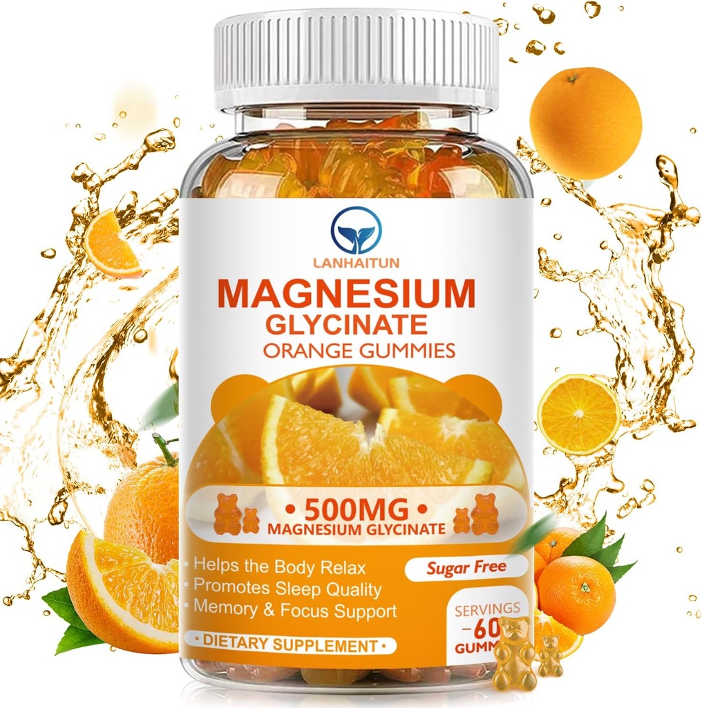 Magnésium Glycinat 500mg Gommies avec 100mg Magnésium L-Thréonate pour les enfants adultes,Magnésium Gommies Supplément sans sucre Magnésium Potassium avec vitamine D,B6,CoQ10 (60 Pack, Orange)