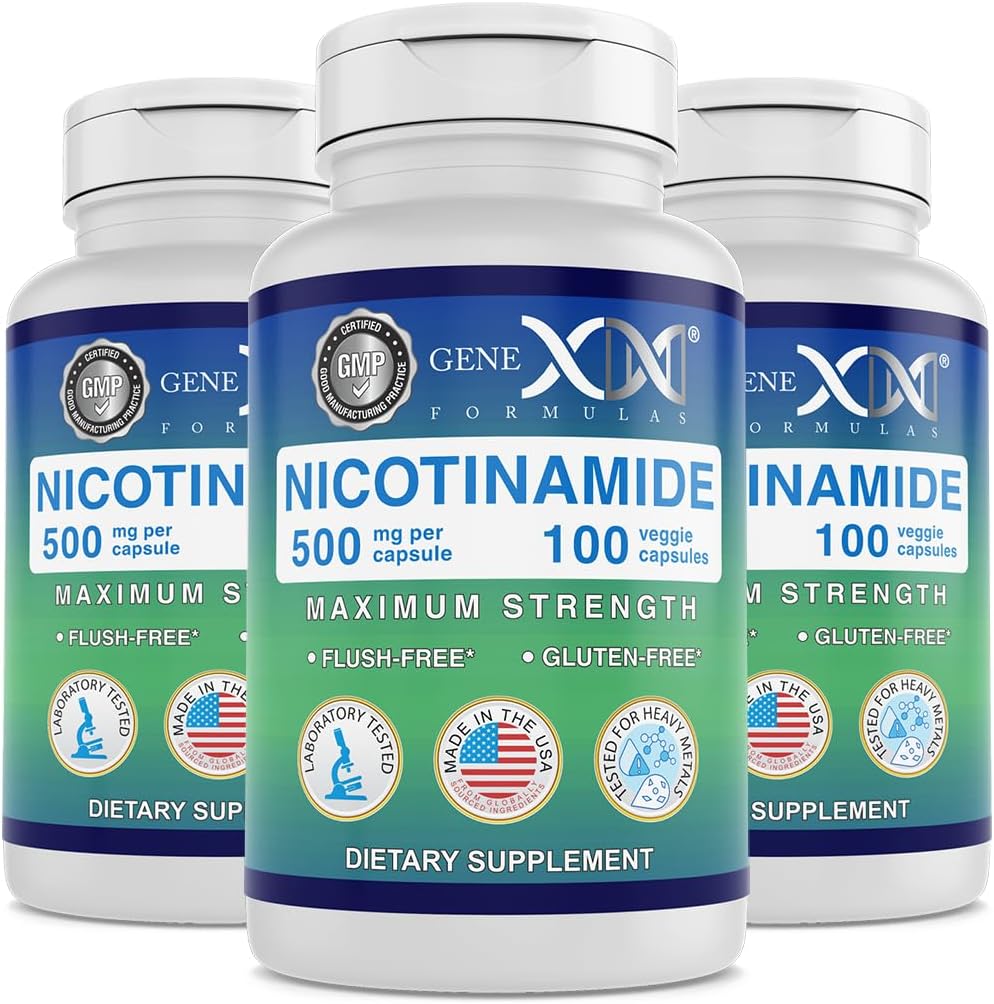 Formules Genex Nicotinamide 500mg (3-Pack) Vitamine B3 Capsules de niacine sans flush pour une peau saine - Supplément Niacinamide Pills aider à produire la kératine et soutenir la santé et l'énergie des cellules de la peau (300 Capsules)