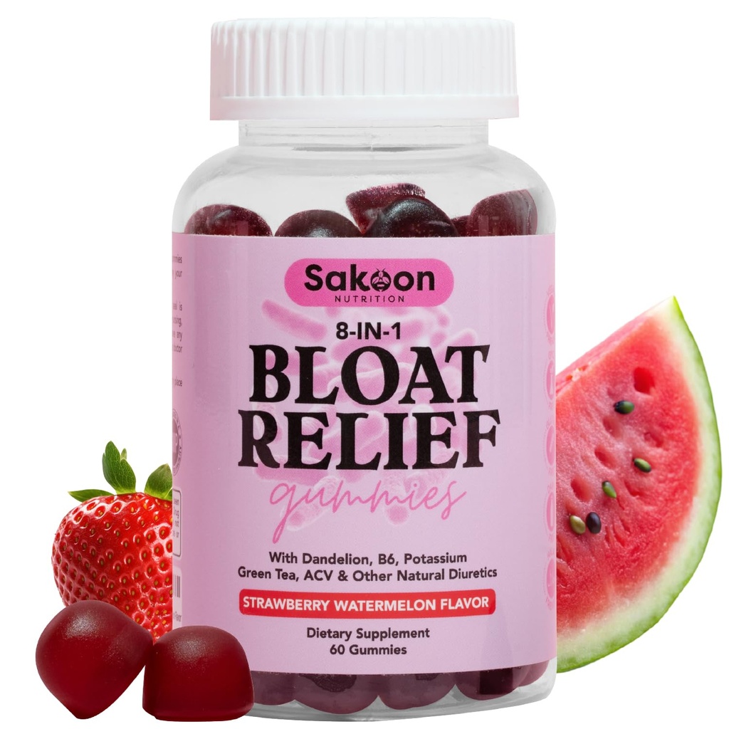 Nutrition Sakoon Gommies de soulagement pour les femmes - Thé vert, vinaigre de cidre, dandelion, feuille de Buchu, soutien à la digestion naturelle, 60 Gommies, goût de pastèque