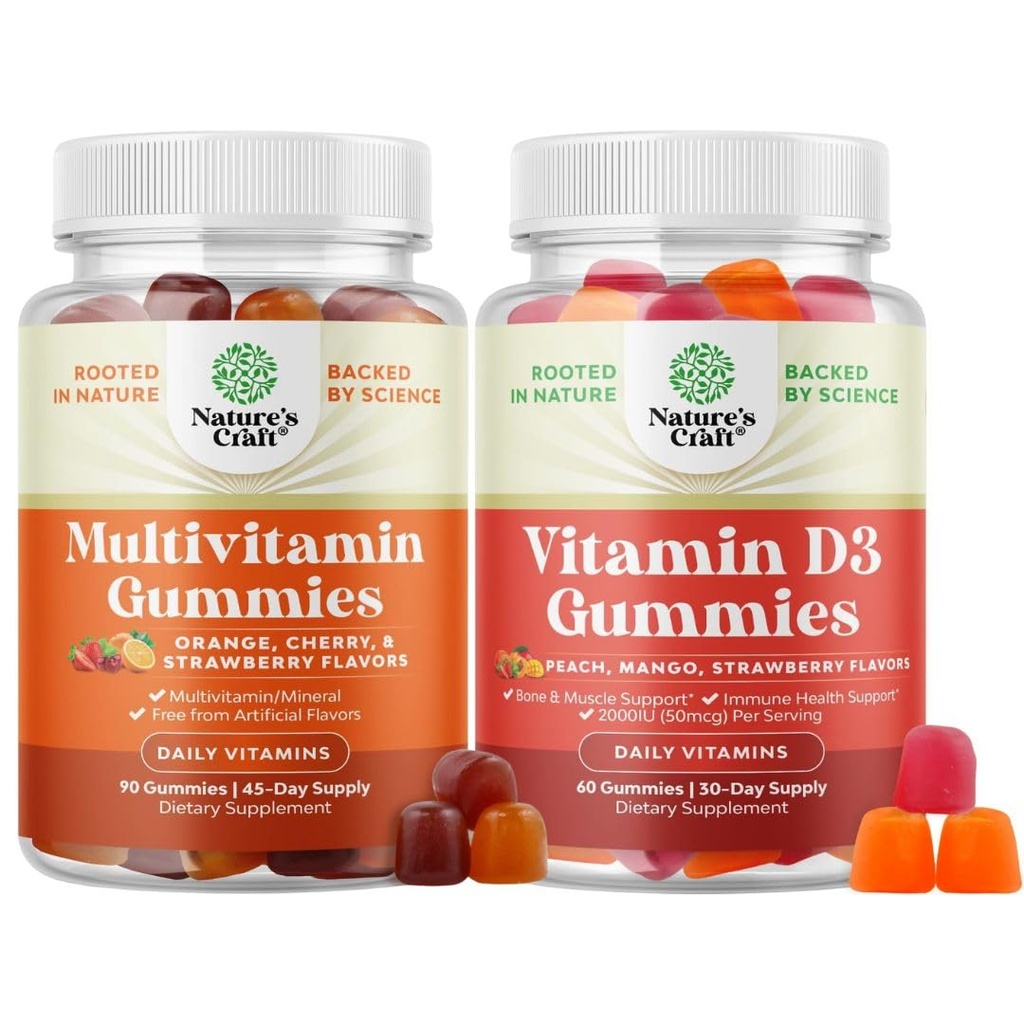 Ensemble de gommes multivitamines pour adultes - Gummy multivitamine halal avec biotine B12 pour hommes et femmes et Gummies vitamine D3 pour le bien-être quotidien avec 2000UI par portion Muscle osseux et soutien immunitaire