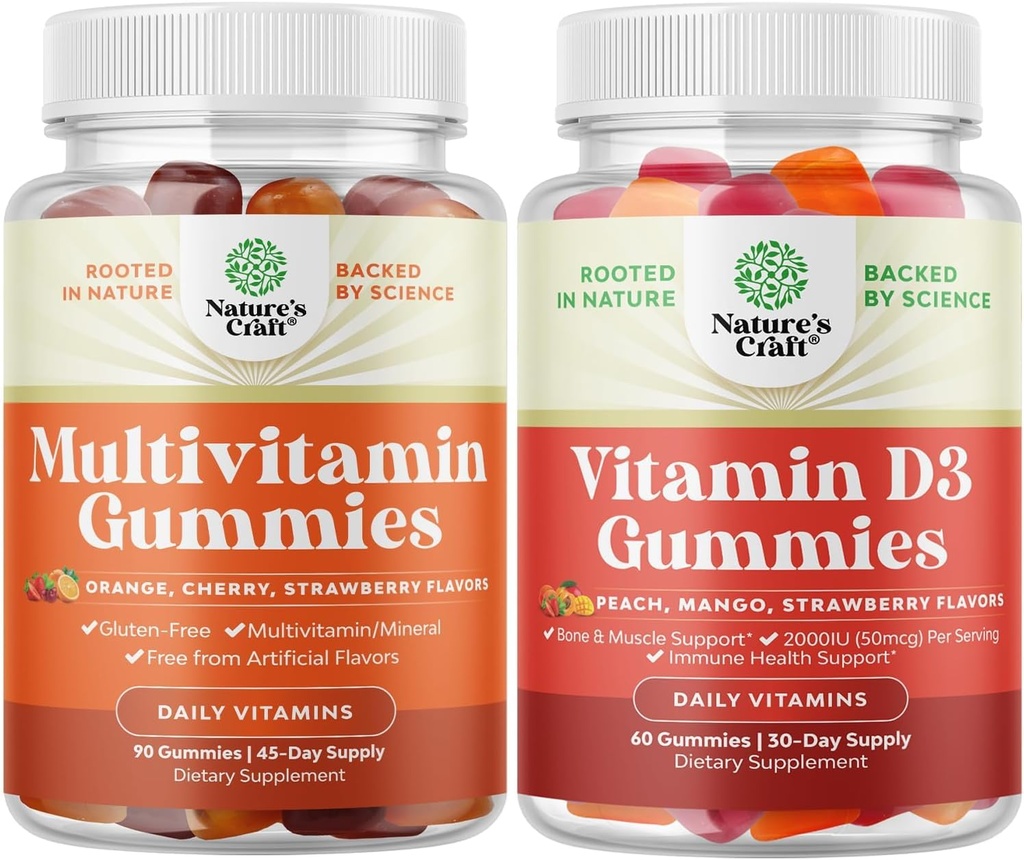 Ensemble de gommes multivitamines pour adultes - Gummy multivitamine halal avec biotine B12 pour hommes et femmes et Gummies vitamine D3 pour le bien-être quotidien avec 2000UI par portion Muscle osseux et soutien immunitaire