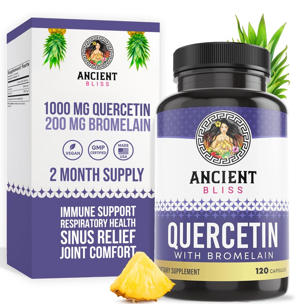 Ancien Bliss Quercetin avec Bromelain.Quercetin 1000mg Bromelain 200mg par portion Supporte le système immunitaire, la santé articulaire, la santé respiratoire et le bien-être global – 120 capsules