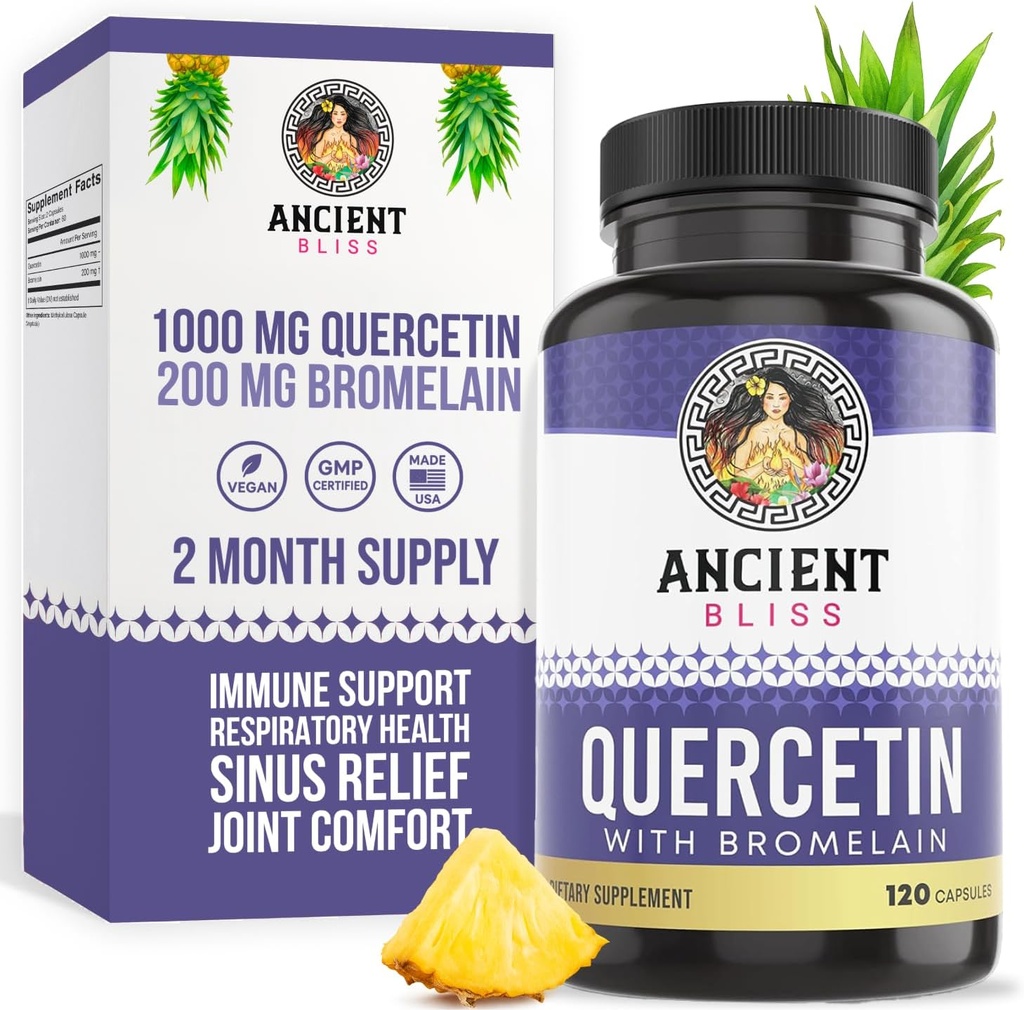 Ancien Bliss Quercetin avec Bromelain.Quercetin 1000mg Bromelain 200mg par portion Supporte le système immunitaire, la santé articulaire, la santé respiratoire et le bien-être global – 120 capsules