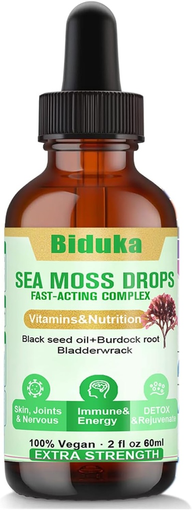 Irish Sea Moss Drops Black Seeds Oil, Bladderwrack, Burdock Root, Vitamine C et Zinc, Supplément de Seamos de gouttes multiminérales pour Immune, Joint, Digestion, Aide au vieillissement