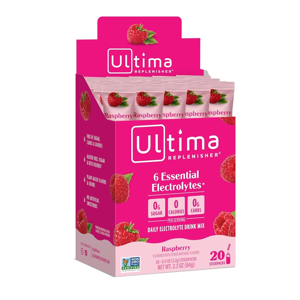 Ultima Replenisher, Electrolyte Hydration Drink Mix, Raspberry, 20 Count Stickpacks Box - Sugar Free, 0 Calories, 0 Carbs - Gluten-Free, Keto, Non-GMO, Vegan