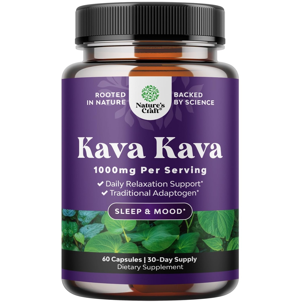 Kava Kava Root Extract Supplement 1000mg - Soutien à base de plantes agissant rapidement avec Kavalactones pour l'humeur équilibrée - Détendez les capsules calmantes pour le soulagement du stress et mieux dormir - 30 portions