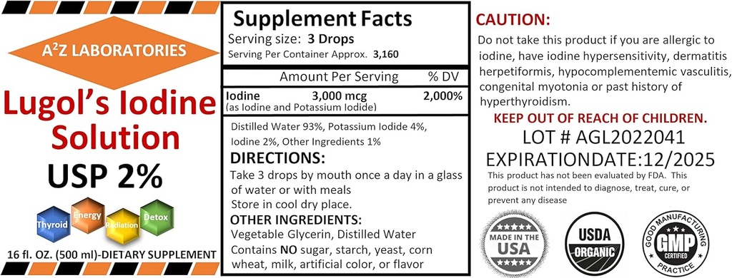 A2Z Organic Lugol's Iodine and Potassium Iodide 2% Solution 3000 mcg - Des gouttes de supplément liquide pour le soutien de la thyroïde pour les femmes et les hommes, Métabolisme Santé, Detox Boost -16 Fl Oz/USA/Ships Aujourd'hui! (2 PK)