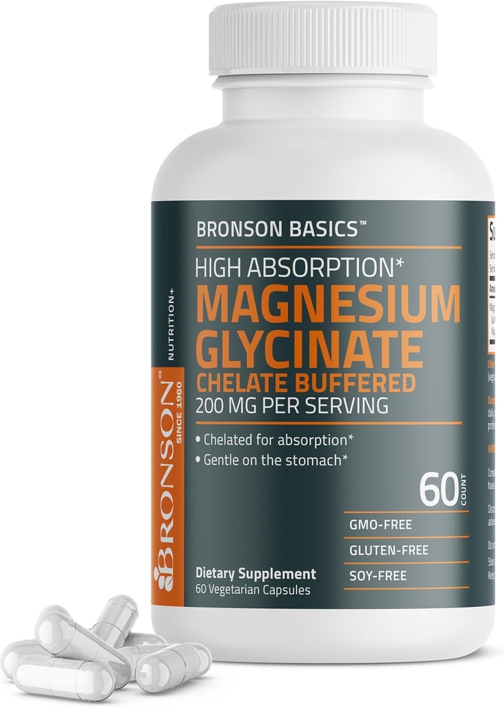 Bronson Magnésium Glycinate 200mg Haute Absorption Doucement Bouffée Chéré sur l'estomac non-OGM, 60 Capsules végétariennes