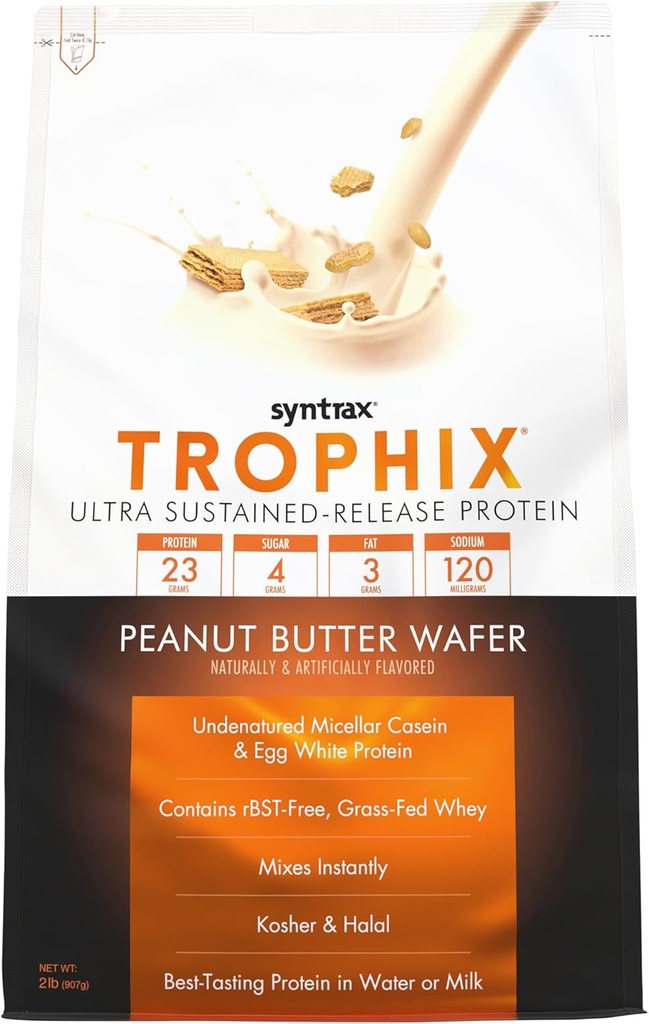 Syntrax Nutrition Trophix, mélange de poudre de protéines à libération prolongée, beurre d'arachide 2 lbs, vraies pièces de Wafer