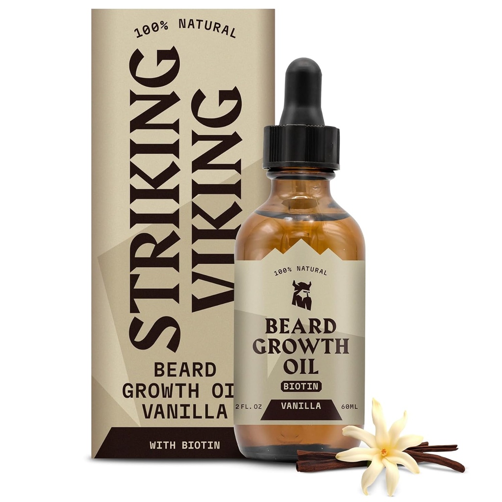 Huile de croissance viking avec biotine - 2 Fl Oz, Vanille - Épaisseur, Conditionnement Sérum d'huile de barbe de biotine pour hommes avec Argan & Jojoba - Sérum de croissance faciale pour hommes
