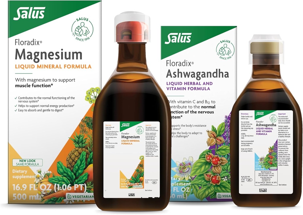 Floradix de Salus Magnésium (16,9 oz) et Ashwagandha Liquide (8,5 oz) Bundle - Magnésium pour le soutien des os, la santé digestive et plus* - Ashwagandha, vitamine C, vitamine B12 et plus pour le soutien du stress*