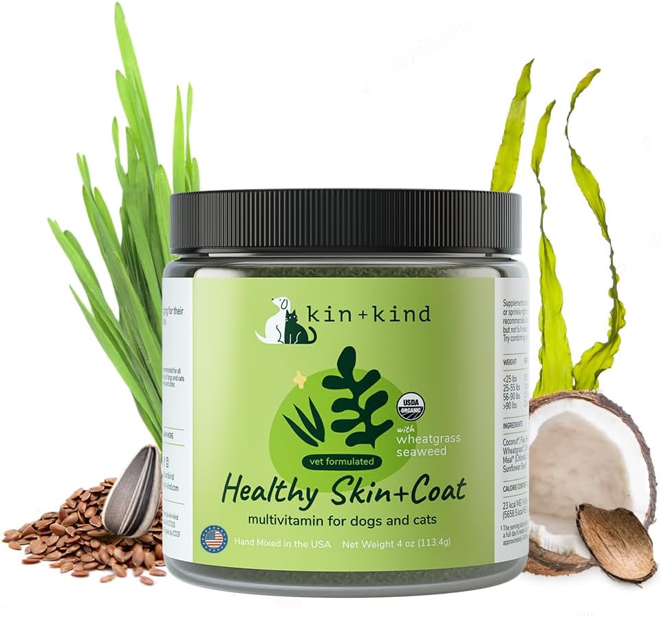 kin+kind Multivitamine biologique pour chiens et chats - Supplément animal pour la peau et le manteau sains - Formule naturelle et sûre avec du blé, du kelp, de l'algue et de la noix de coco - Fabriqué aux États-Unis - 4 oz (Moyen)
