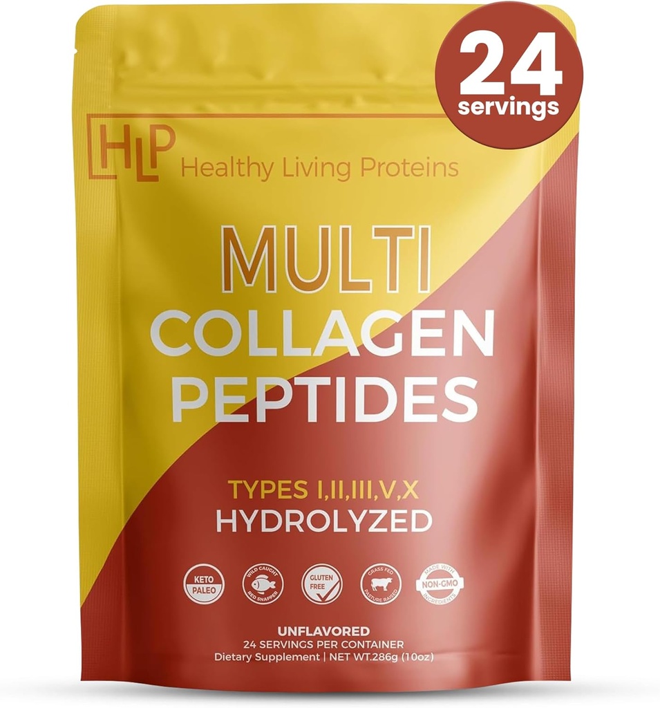 Protéines pour un mode de vie sain - Peptides multicollagènes hydrolysés Poudres de types I, II, III, V et X - Fovine de l'herbe, poulet sauvage, marin et à l'état libre - sans gluten (non aromatisé 10 oz)